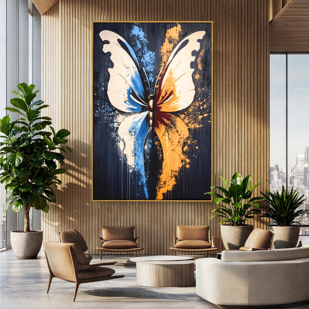 Tablou canvas cu tablou canvas cu fluture simetric, in rama de aluminiu auriu, pe perete intr-un birou